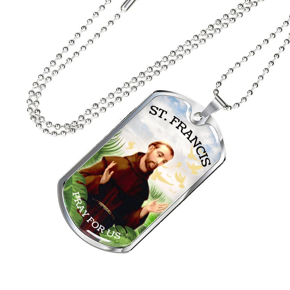 St. Francis Catholic Necklace Stainless Steel or 18k Gold Dog Tag 24" Chain-Express Your Love Gifts