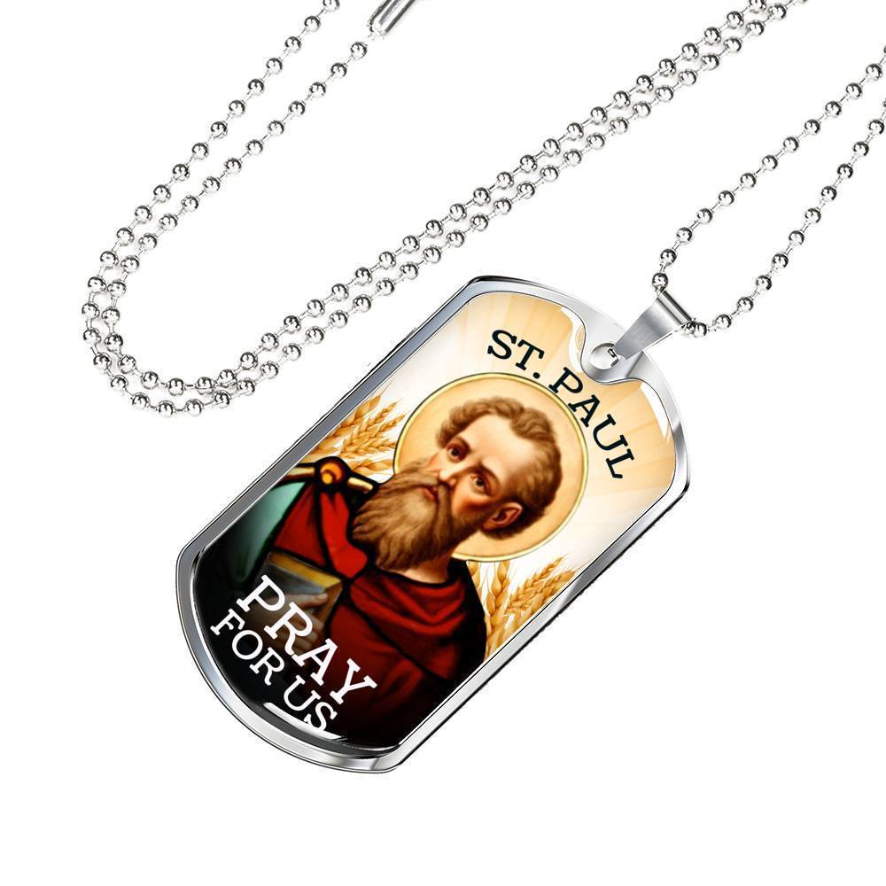 St. Paul Catholic Necklace Stainless Steel or 18k Gold Dog Tag 24" Chain-Express Your Love Gifts