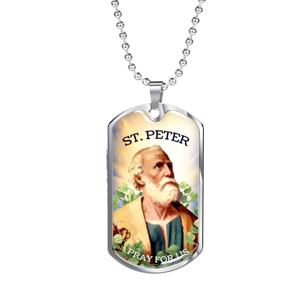 St. Peter Catholic Necklace Stainless Steel or 18k Gold Dog Tag 24" Chain-Express Your Love Gifts