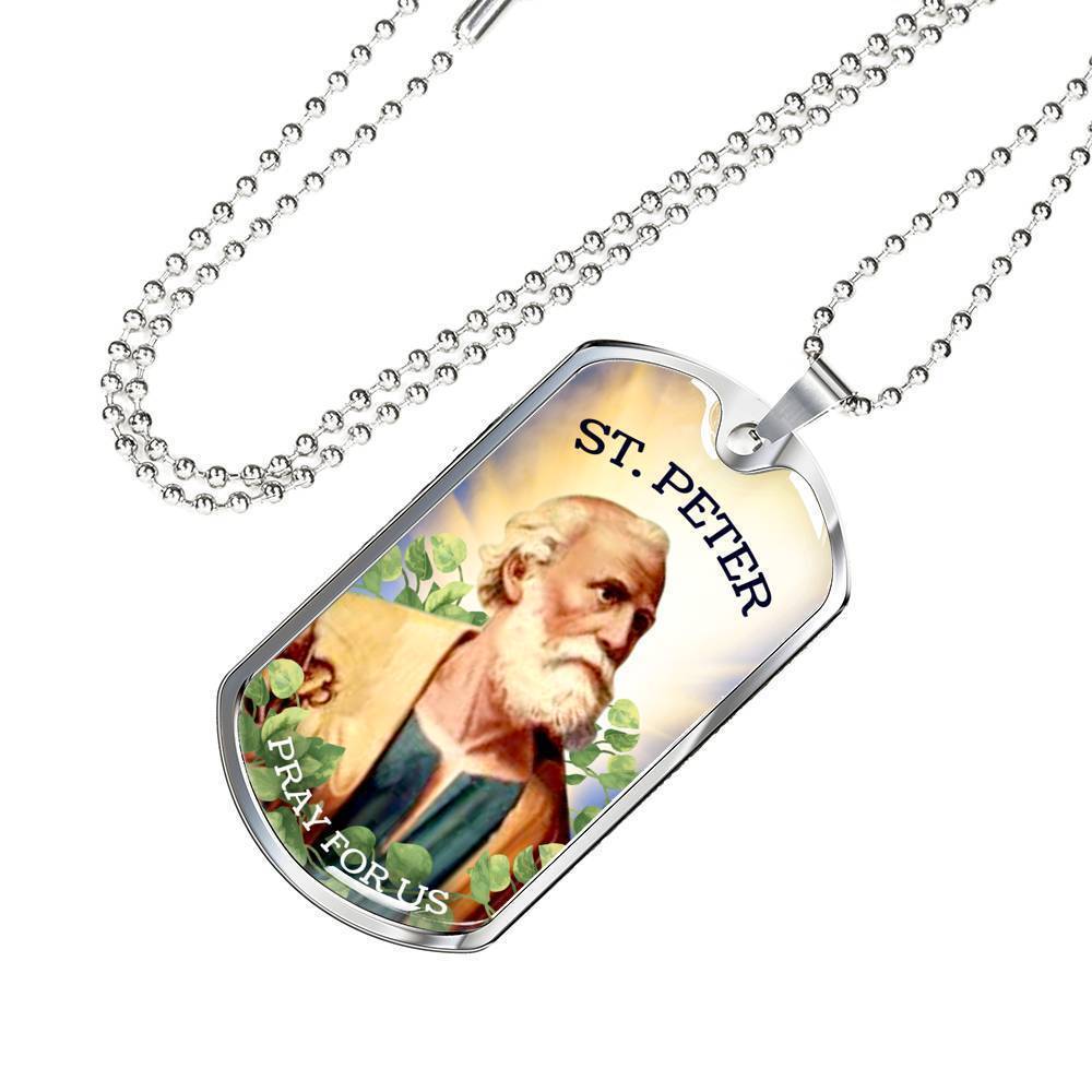 St. Peter Catholic Necklace Stainless Steel or 18k Gold Dog Tag 24" Chain-Express Your Love Gifts