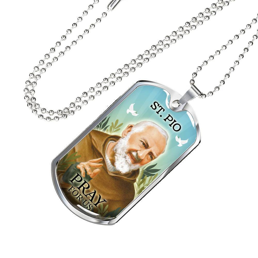 St. Pio Catholic Necklace Stainless Steel or 18k Gold Dog Tag 24" Chain-Express Your Love Gifts
