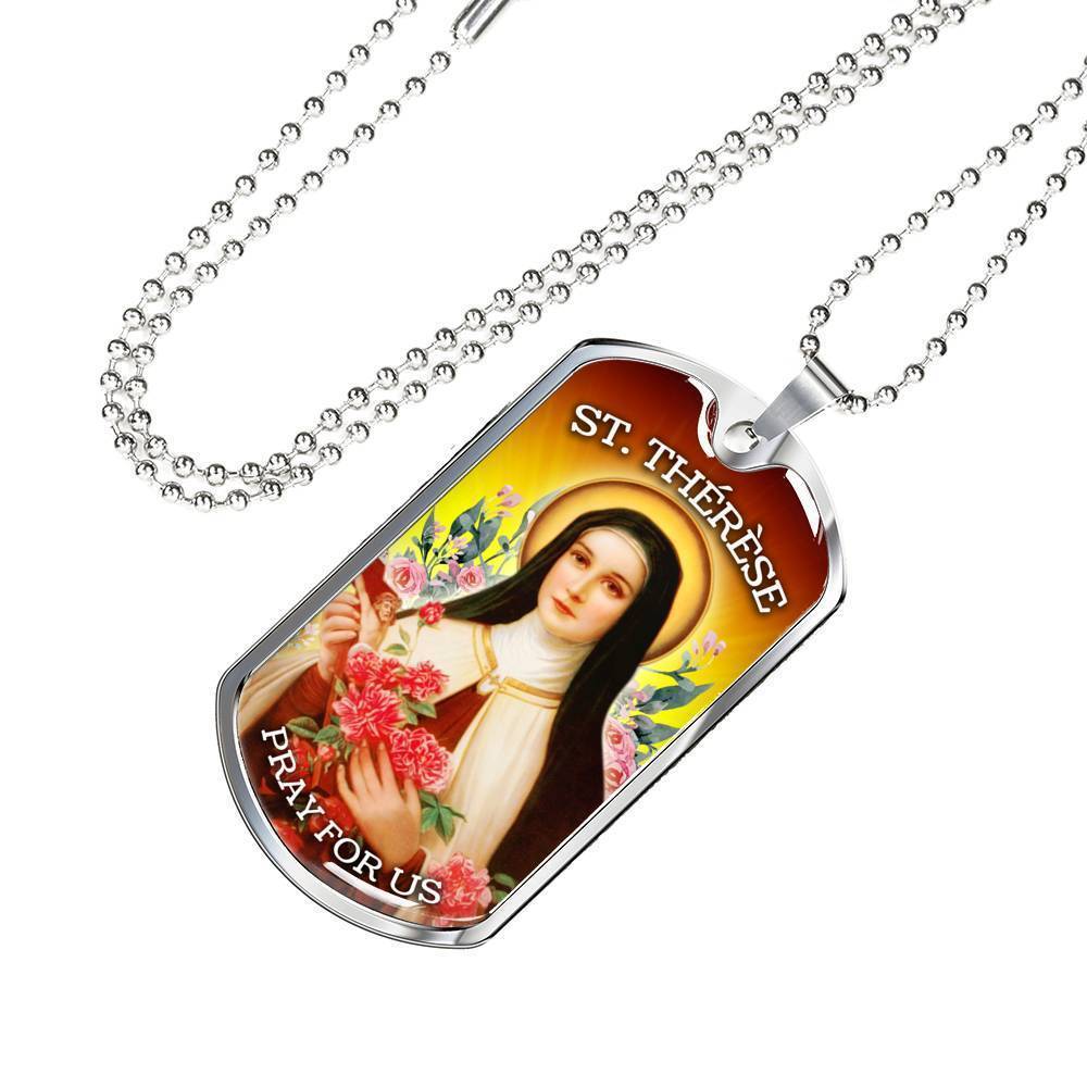 St. Therese Catholic Necklace Stainless Steel or 18k Gold Dog Tag 24" Chain-Express Your Love Gifts