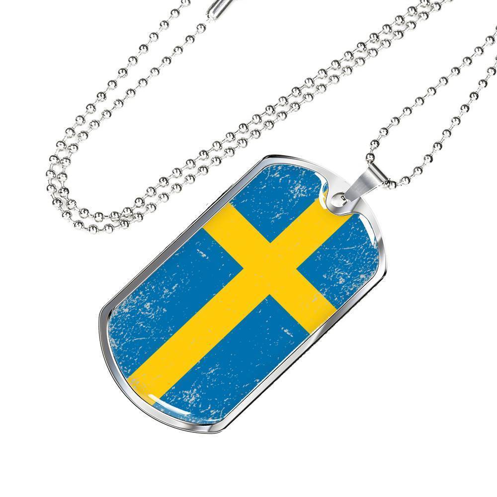 Sweden Flag Necklace Sweden Flag Stainless Steel or 18k Gold Dog Tag 24"-Express Your Love Gifts
