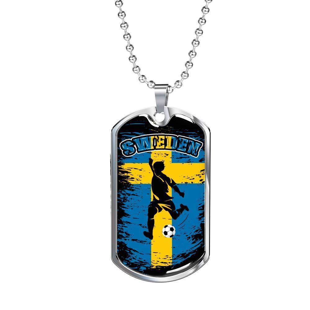Sweden Futbol/Soccer & Flag Necklace Stainless Steel or 18k Gold Dog Tag 24" Chain-Express Your Love Gifts