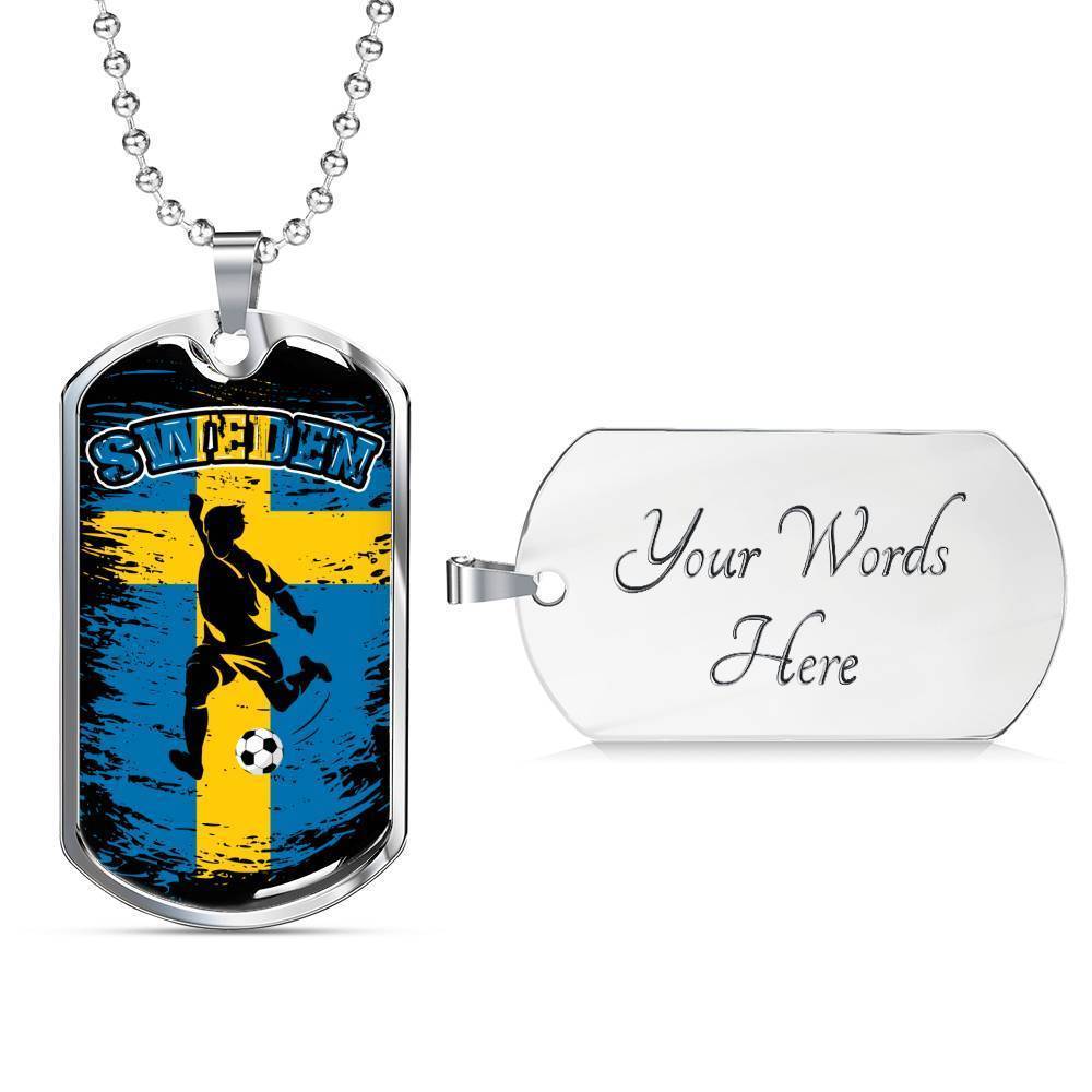Sweden Futbol/Soccer & Flag Necklace Stainless Steel or 18k Gold Dog Tag 24" Chain-Express Your Love Gifts