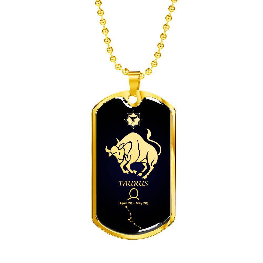 Taurus Constellation Horoscope Zodiac Necklace 18k Gold Stainless Steel Dog Tag 24"-Express Your Love Gifts