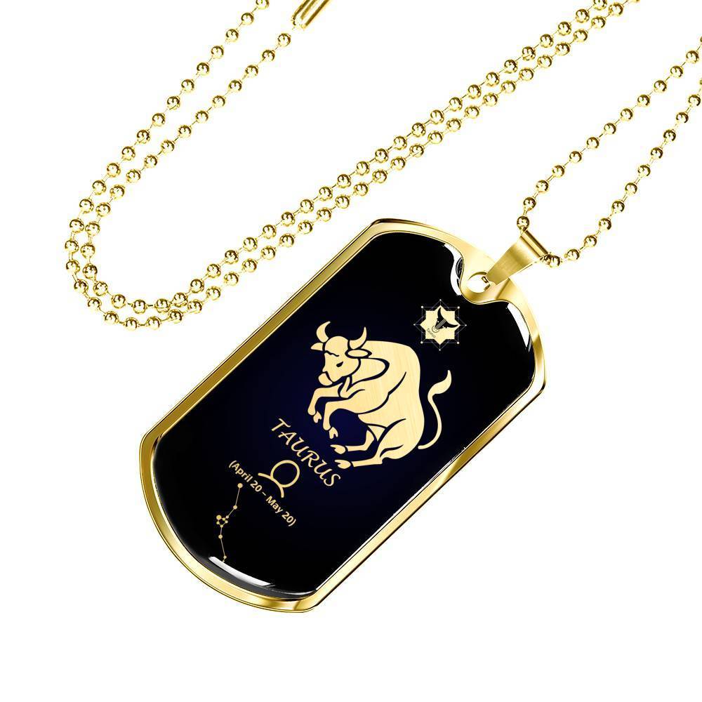 Taurus Constellation Horoscope Zodiac Necklace 18k Gold Stainless Steel Dog Tag 24"-Express Your Love Gifts