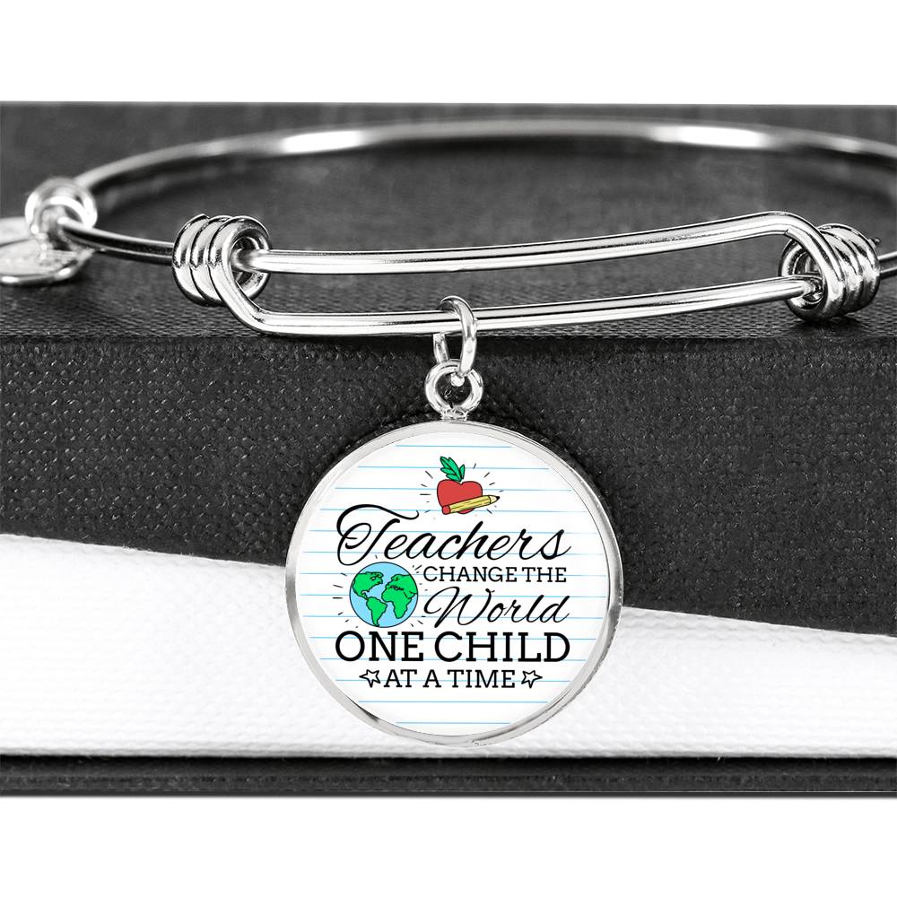 Teacher Appreciation Gift Teachers Change The World Stainless Steel or 18k Gold Circle Bangle Bracelet - Express Your Love Gifts