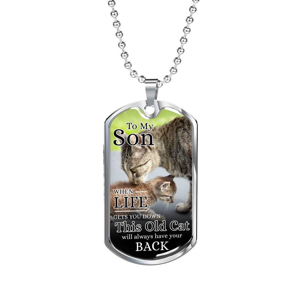 To My Son From Mom Cat Necklace Stainless Steel or 18k Gold Dog Tag 24" Chain-Express Your Love Gifts