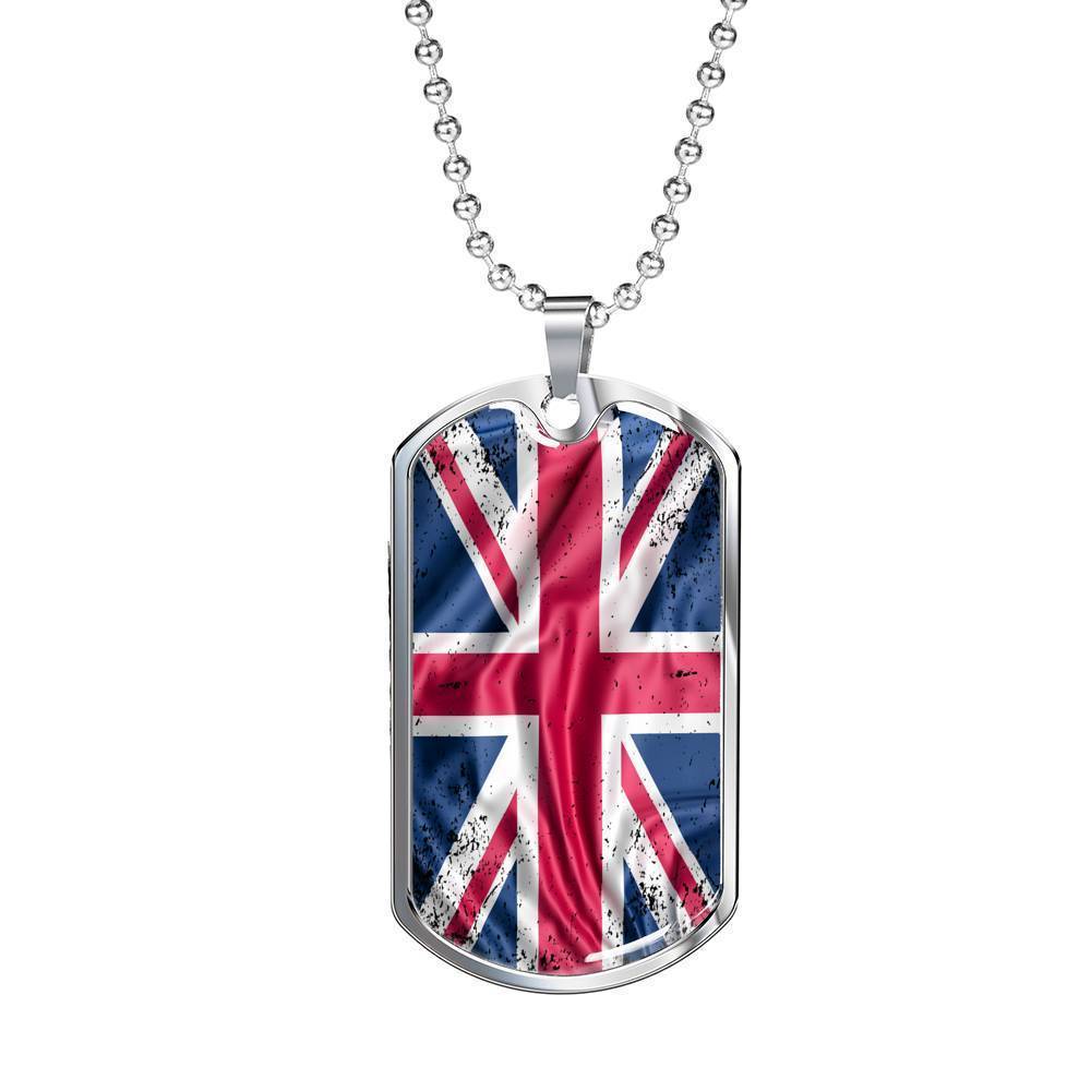 UK Flag Distressed Flag Necklace Stainless Steel or 18k Gold Dog Tag 24"-Express Your Love Gifts