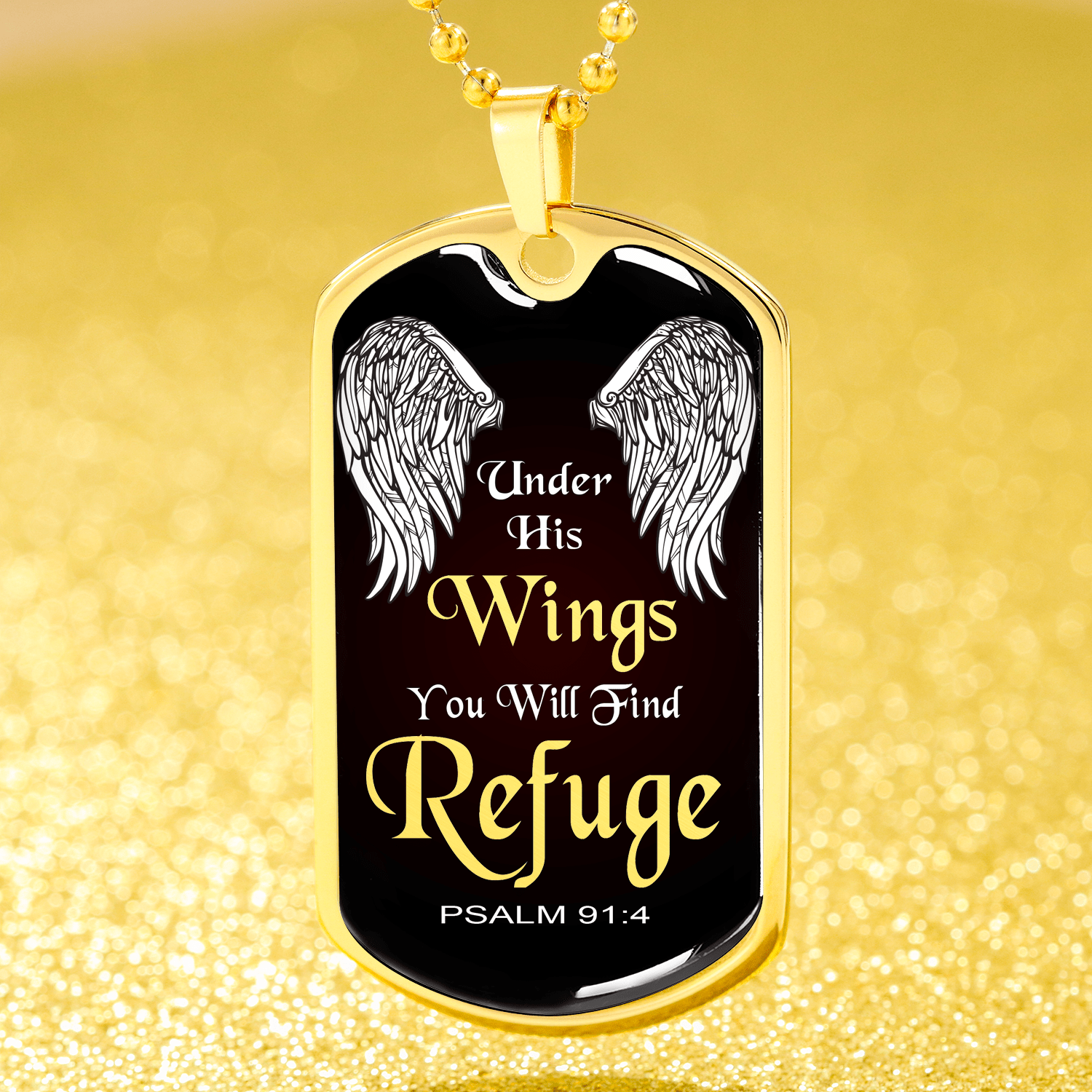 Under His Wings You Will Find Refuge Necklace Stainless Steel or 18k Gold Dog Tag 24" Chain - Express Your Love Gifts