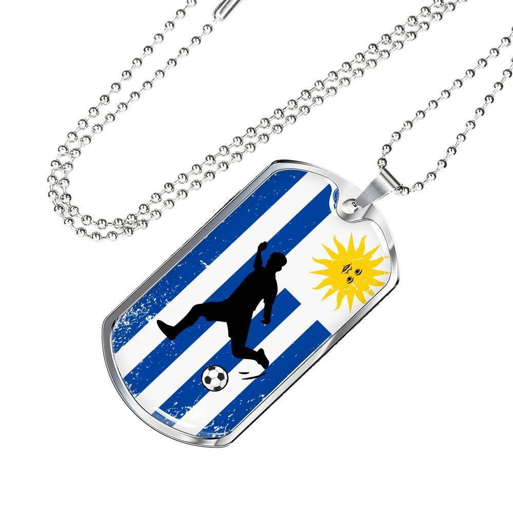 Uruguay Flag And Futbol/Soccer Necklace Stainless Steel or 18k Gold Dog Tag 24" Chain-Express Your Love Gifts