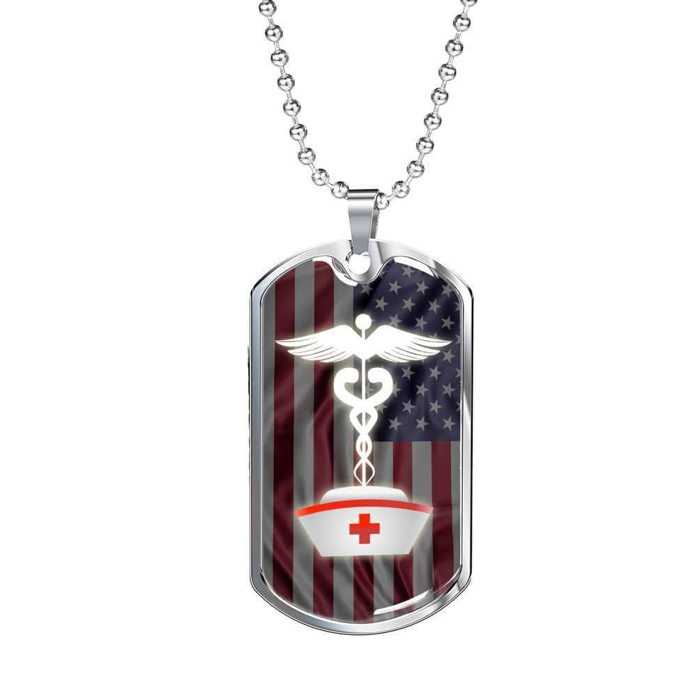 US Flag Caduceus Nurse Necklace Stainless Steel or 18k Gold Dog Tag 24" Chain-Express Your Love Gifts