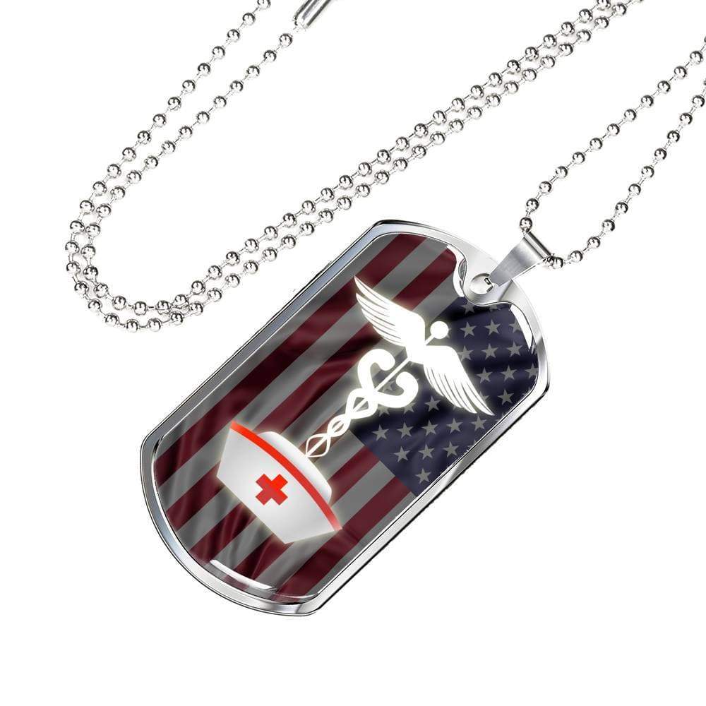 US Flag Caduceus Nurse Necklace Stainless Steel or 18k Gold Dog Tag 24" Chain-Express Your Love Gifts