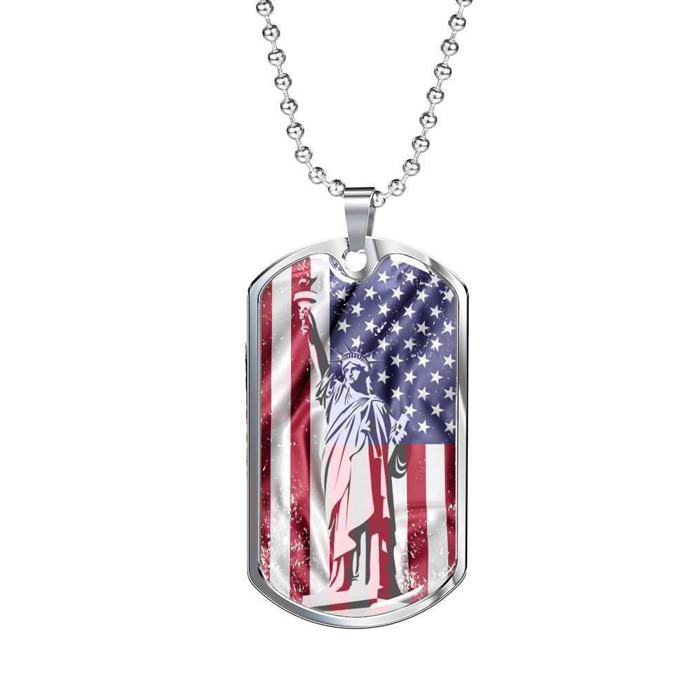 Us Flag Distressed With Statue Of Liberty Necklace Stainless Steel or 18k Gold Dog Tag 24" Chain-Express Your Love Gifts