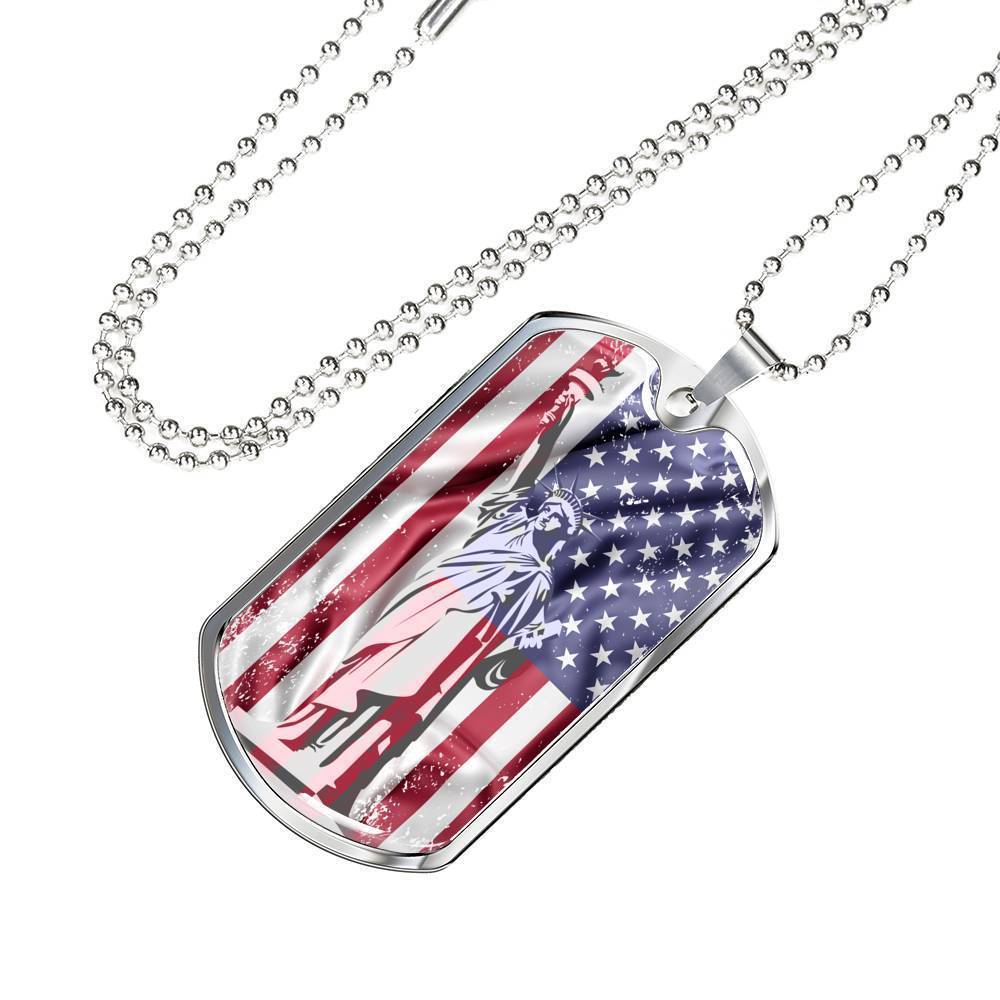 Us Flag Distressed With Statue Of Liberty Necklace Stainless Steel or 18k Gold Dog Tag 24" Chain-Express Your Love Gifts