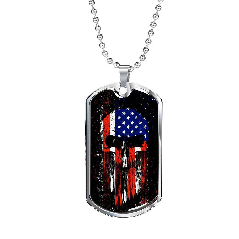 Us Flag Skull Patriotic Necklace Stainless Steel or 18k Gold Dog Tag 24" Chain-Express Your Love Gifts