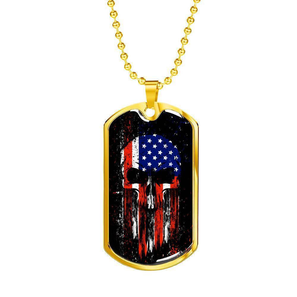 Us Flag Skull Patriotic Necklace Stainless Steel or 18k Gold Dog Tag 24" Chain-Express Your Love Gifts
