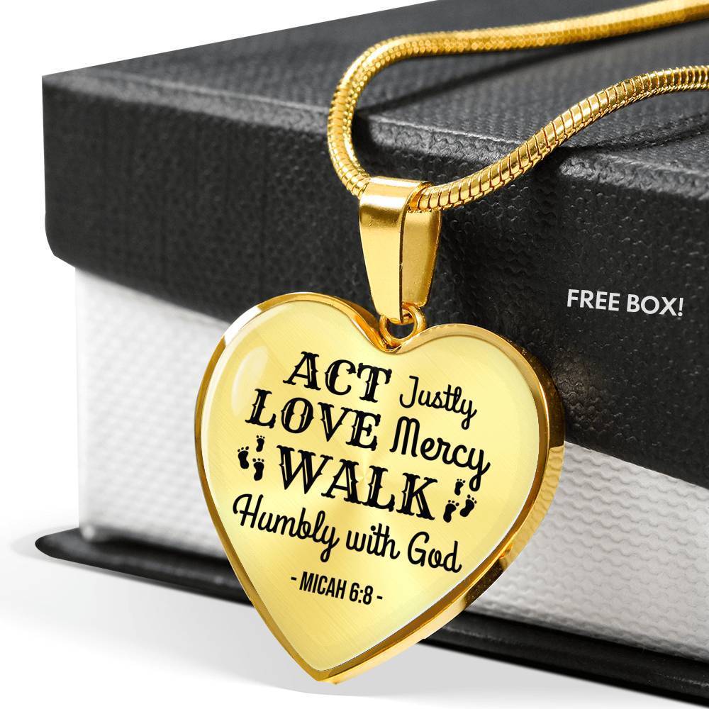 Walk Humbly With God Necklace Stainless Steel or 18k Gold Heart Pendant 18-22"-Express Your Love Gifts