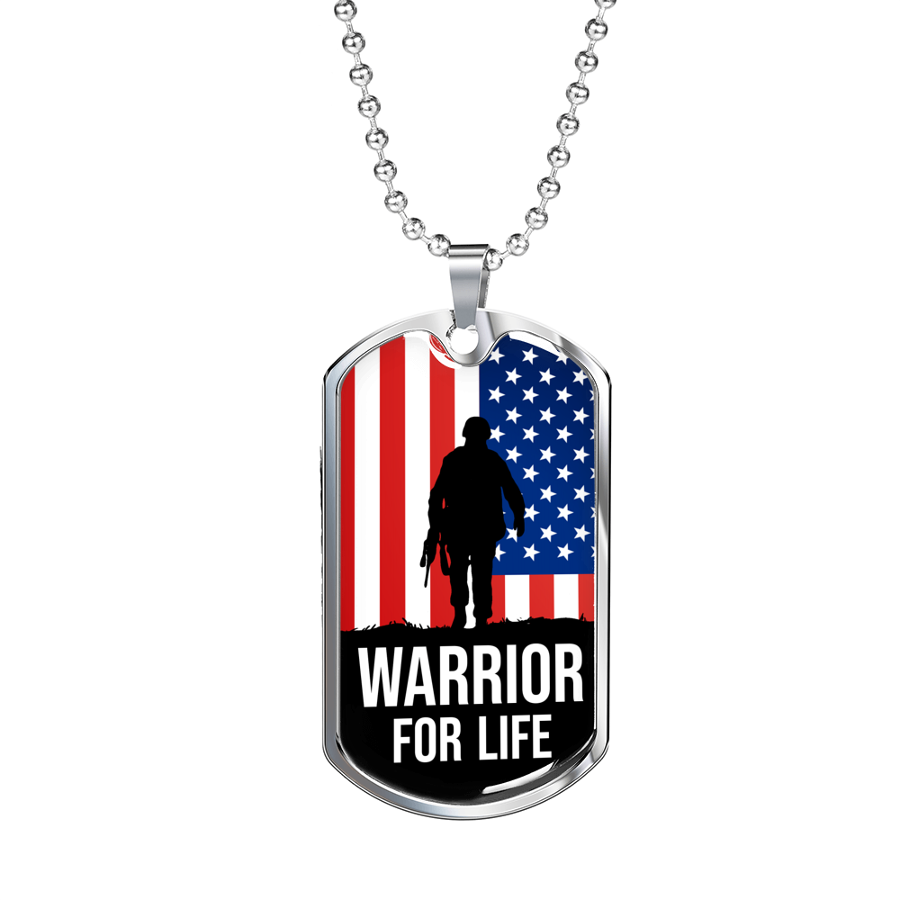 Warrior For Life American Flag Patriotic Soldier Necklace Stainless Steel or 18k Gold Dog Tag 24" Chain-Express Your Love Gifts