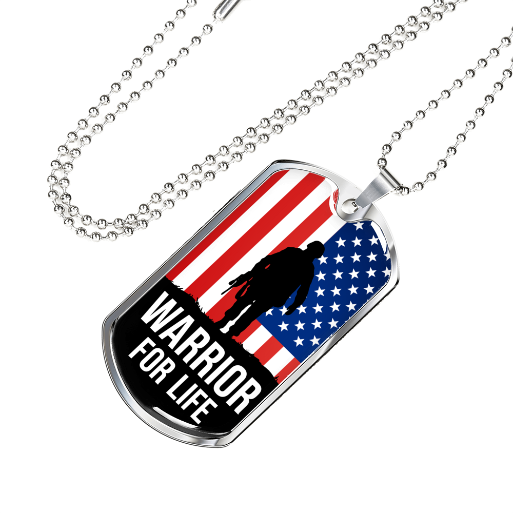 Warrior For Life American Flag Patriotic Soldier Necklace Stainless Steel or 18k Gold Dog Tag 24" Chain-Express Your Love Gifts