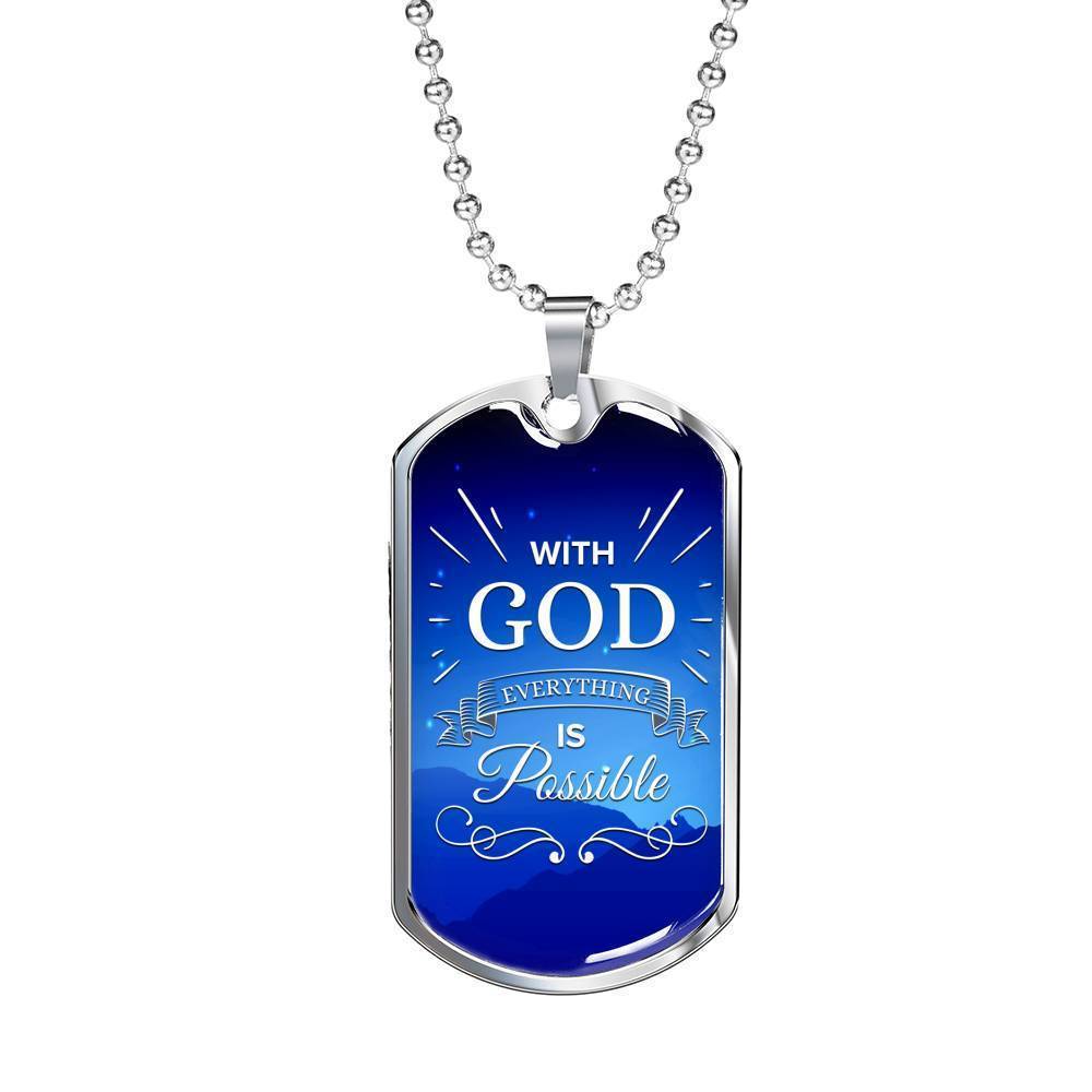 With God All Things Are Possible Necklace Stainless Steel or 18k Gold Dog Tag 24" Chain-Express Your Love Gifts