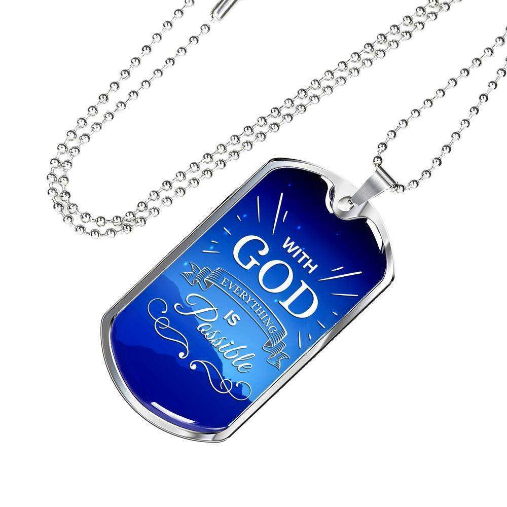 With God All Things Are Possible Necklace Stainless Steel or 18k Gold Dog Tag 24" Chain-Express Your Love Gifts