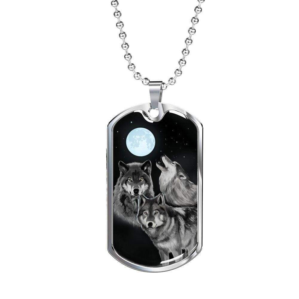 Wolf Necklace Bark At The Moon Stainless Steel or 18k Gold Dog Tag 24" Chain-Express Your Love Gifts