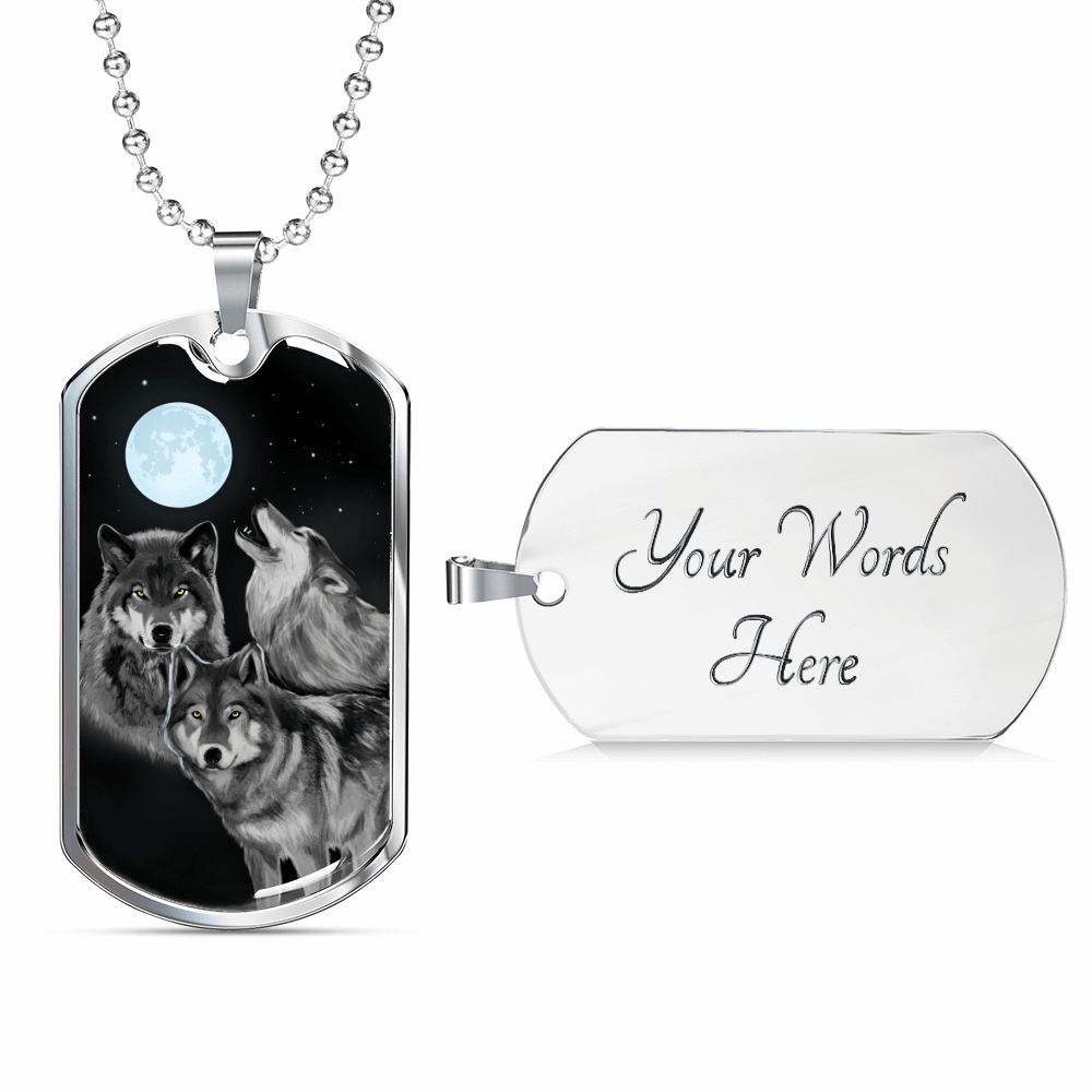 Wolf Necklace Bark At The Moon Stainless Steel or 18k Gold Dog Tag 24" Chain-Express Your Love Gifts