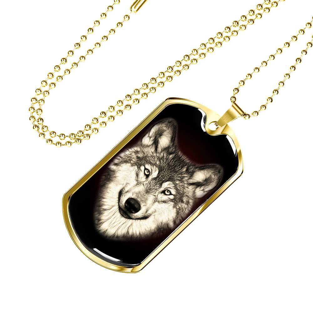 Wolf Necklace Stainless Steel or 18k Gold Dog Tag 24" Chain - Express Your Love Gifts