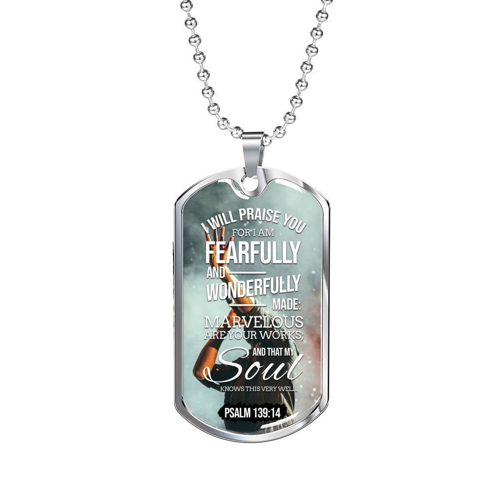 Wonderfully Made Bible Psalm Necklace Stainless Steel or 18k Gold Dog Tag 24" Chain-Express Your Love Gifts