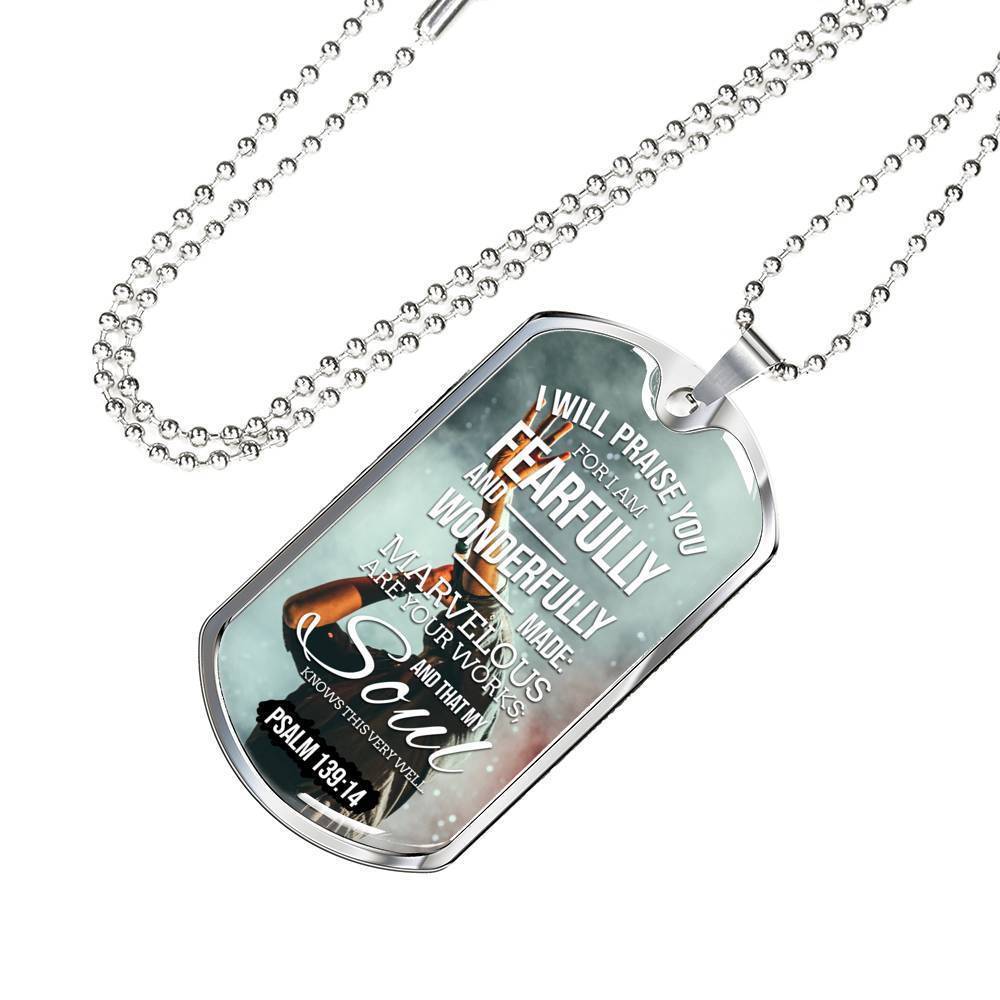 Wonderfully Made Bible Psalm Necklace Stainless Steel or 18k Gold Dog Tag 24" Chain-Express Your Love Gifts