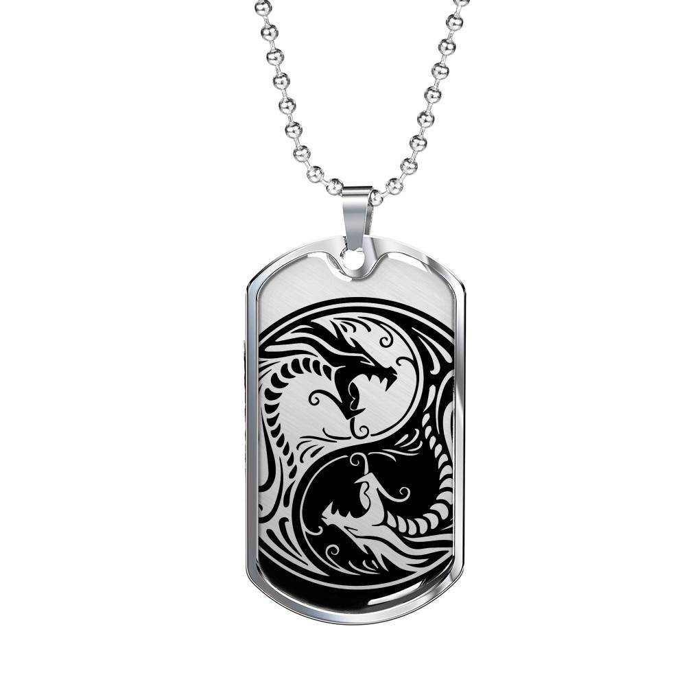 Yin Yang Dragon Necklace Martial Arts Gift Stainless Steel or 18k Gold Dog Tag 24" Chain - Express Your Love Gifts