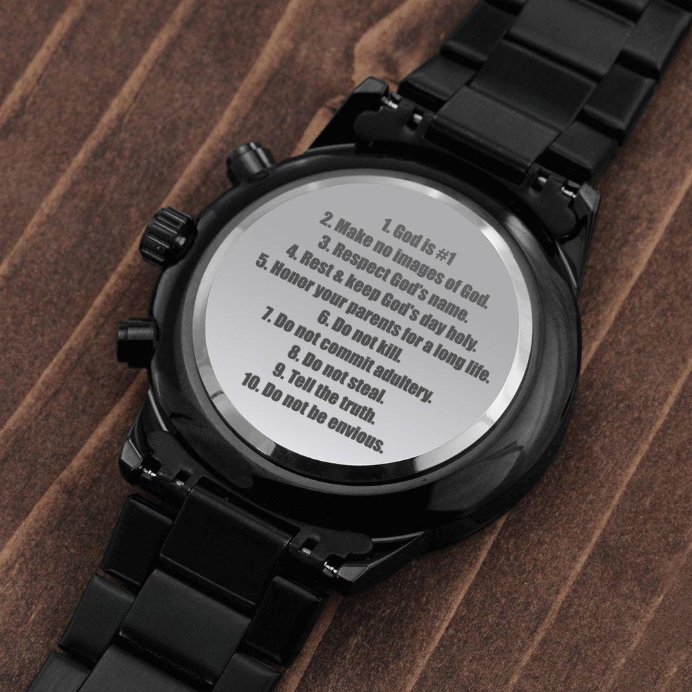 10 Commandments Engraved Multifunction Fishing Men's Watch Stainless Steel Chronograph W Copper Dial-Express Your Love Gifts