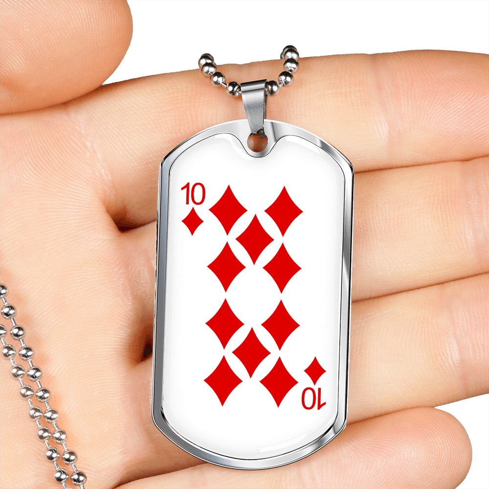 10 of Diamonds Gambler Necklace Stainless Steel or 18k Gold Dog Tag 24" Chain-Express Your Love Gifts