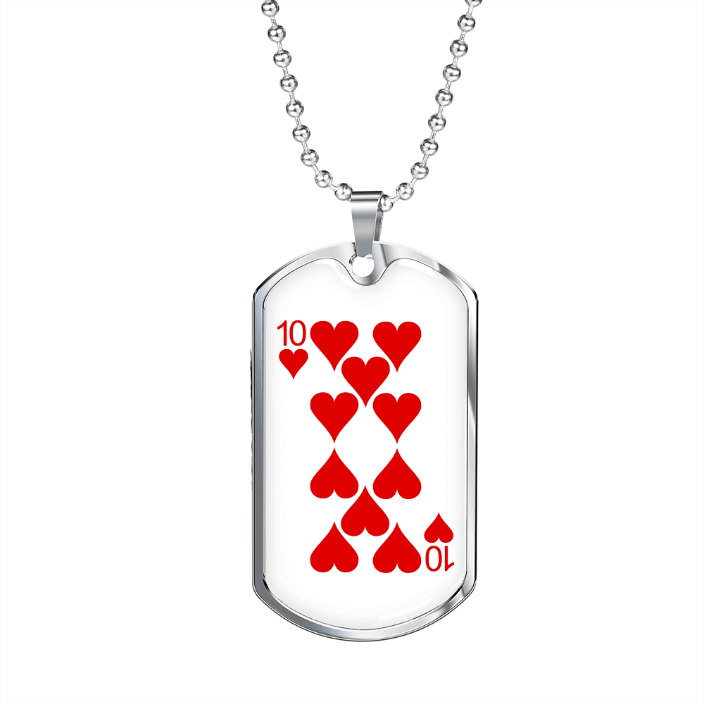 10 of Hearts Gambler Necklace Stainless Steel or 18k Gold Dog Tag 24" Chain-Express Your Love Gifts