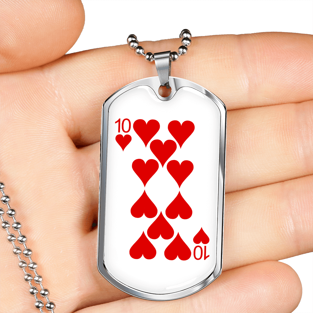 10 of Hearts Gambler Necklace Stainless Steel or 18k Gold Dog Tag 24" Chain-Express Your Love Gifts