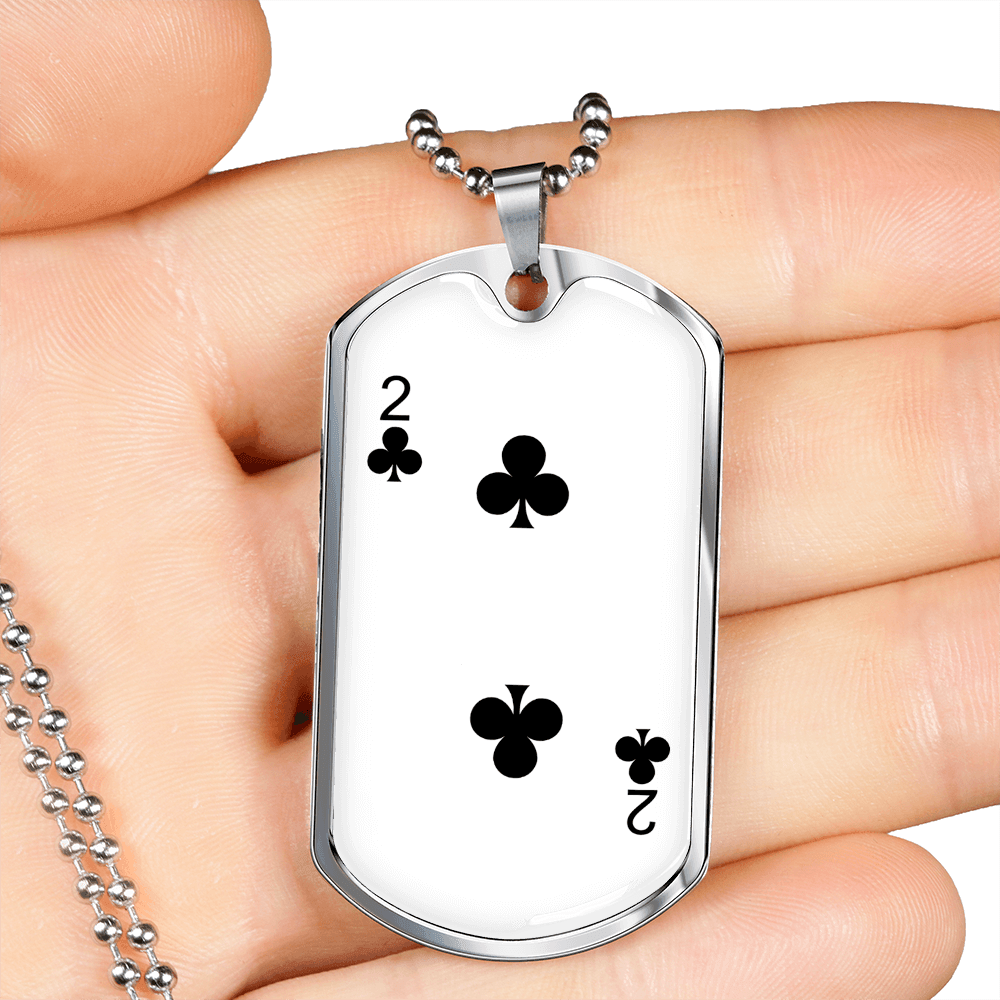 2 of Clubs Gambler Necklace Stainless Steel or 18k Gold Dog Tag 24" Chain-Express Your Love Gifts