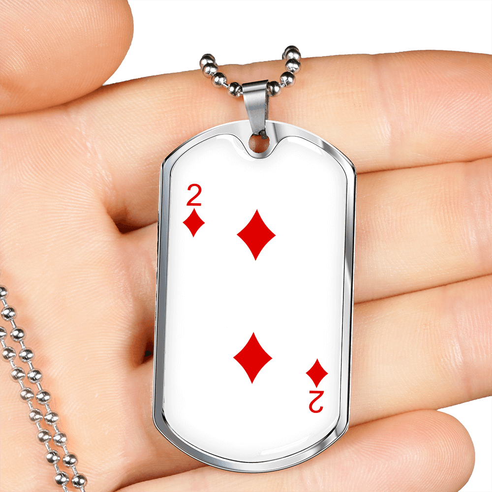 2 of Diamonds Gambler Necklace Stainless Steel or 18k Gold Dog Tag 24" Chain-Express Your Love Gifts