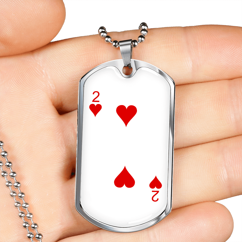 2 of Hearts Gambler Necklace Stainless Steel or 18k Gold Dog Tag 24" Chain-Express Your Love Gifts