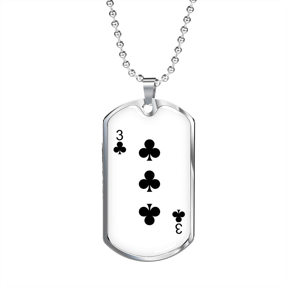 3 of Clubs Gambler Necklace Stainless Steel or 18k Gold Dog Tag 24" Chain-Express Your Love Gifts