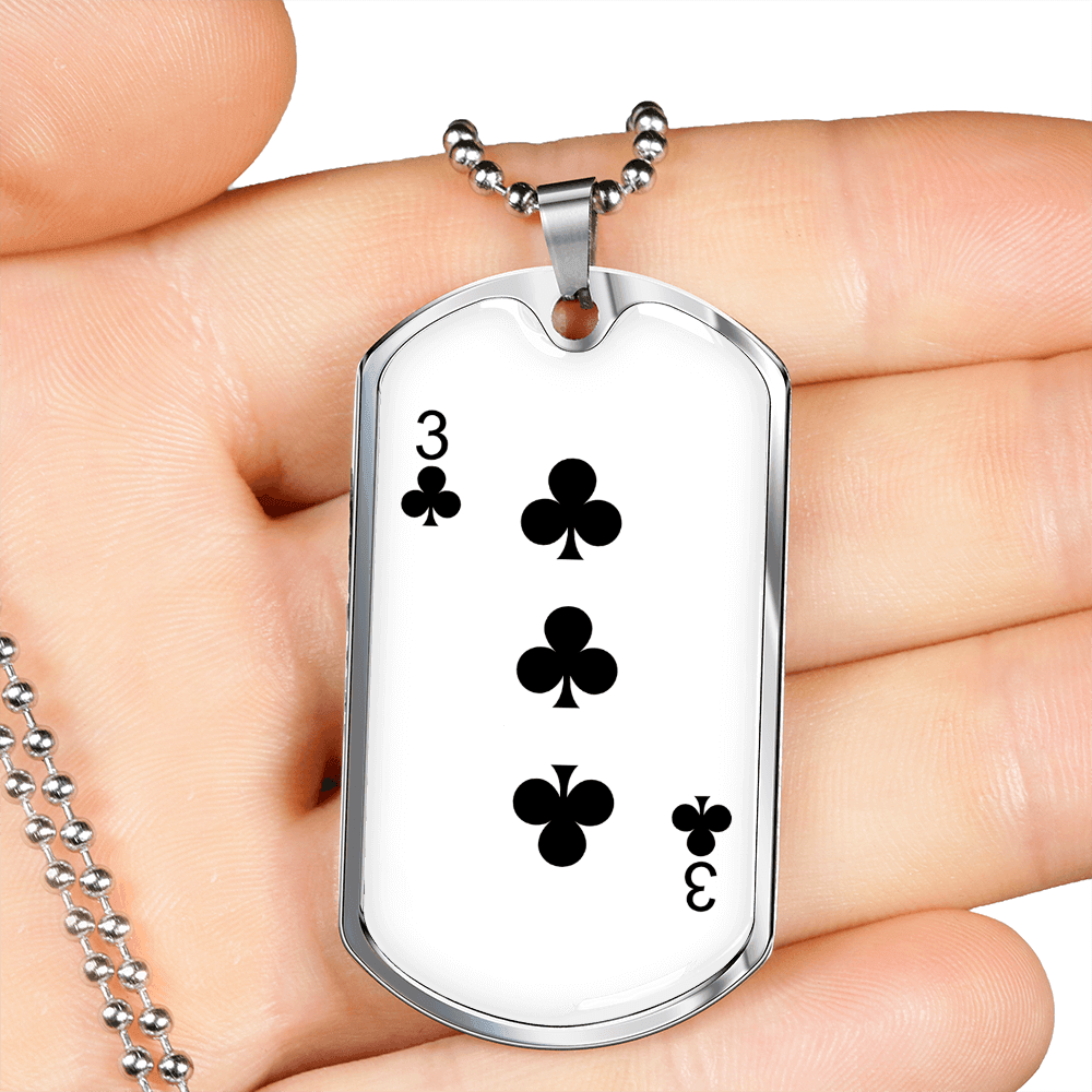 3 of Clubs Gambler Necklace Stainless Steel or 18k Gold Dog Tag 24" Chain-Express Your Love Gifts