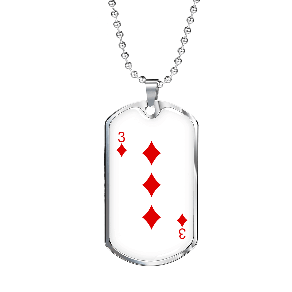 3 of Diamonds Gambler Necklace Stainless Steel or 18k Gold Dog Tag 24" Chain-Express Your Love Gifts