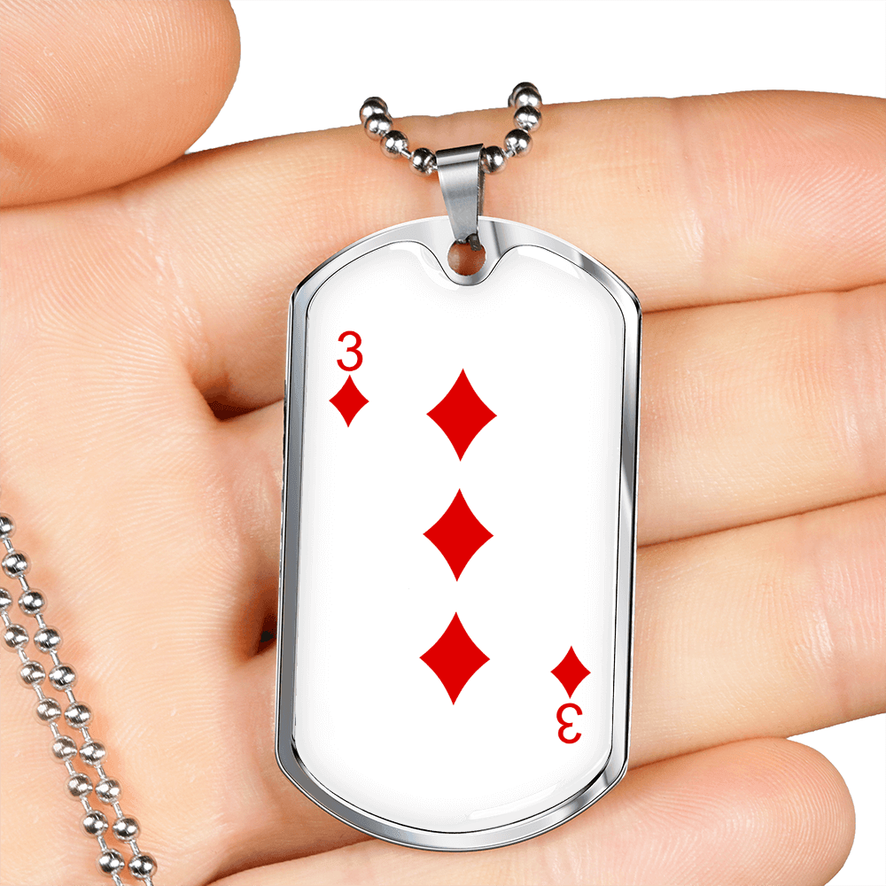 3 of Diamonds Gambler Necklace Stainless Steel or 18k Gold Dog Tag 24" Chain-Express Your Love Gifts