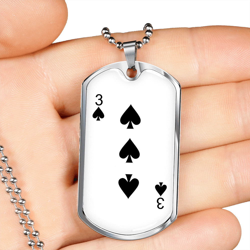 3 of Spades Gambler Necklace Stainless Steel or 18k Gold Dog Tag 24" Chain-Express Your Love Gifts