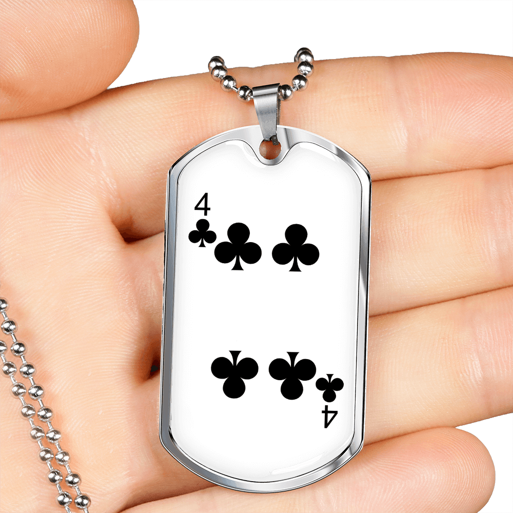 4 of Clubs Gambler Necklace Stainless Steel or 18k Gold Dog Tag 24" Chain-Express Your Love Gifts