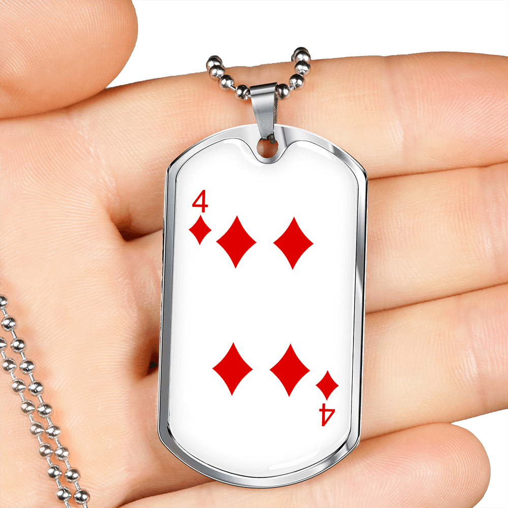 4 of Diamonds Gambler Necklace Stainless Steel or 18k Gold Dog Tag 24" Chain-Express Your Love Gifts
