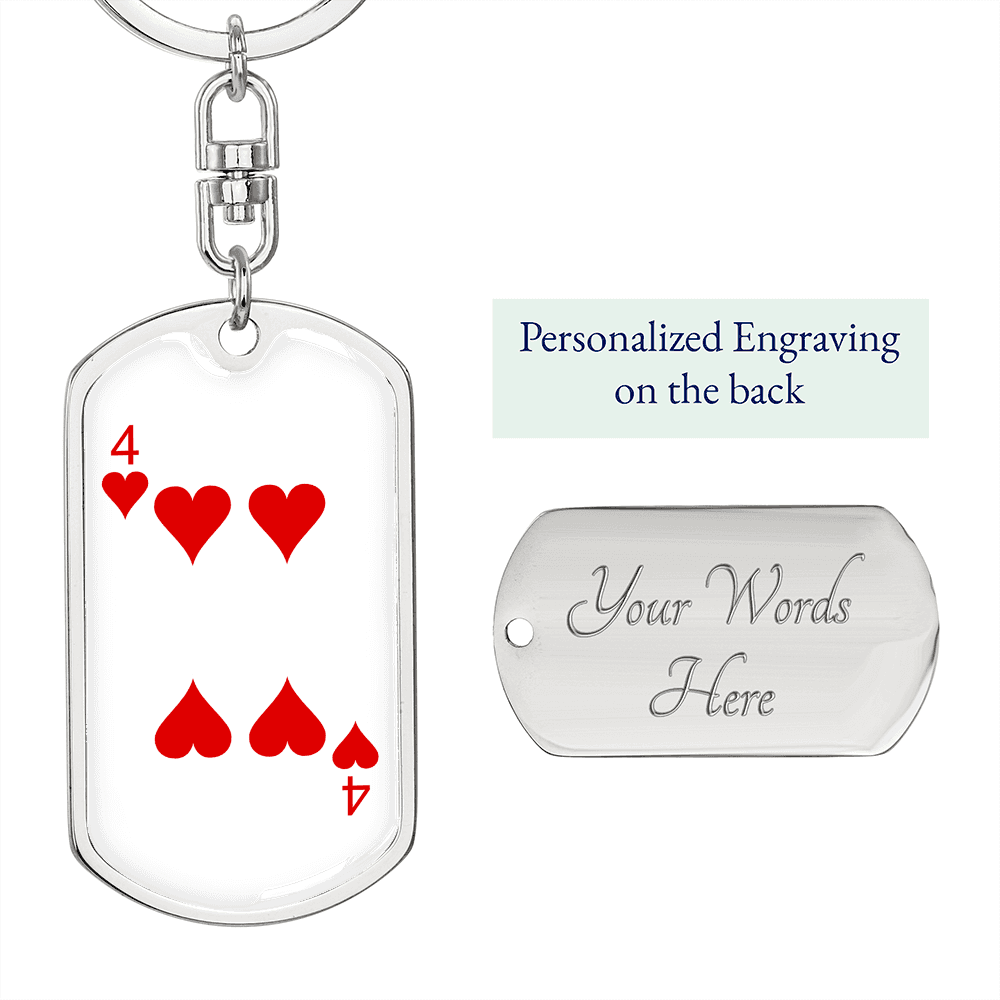 4 of Hearts Gambler Keychain Stainless Steel or 18k Gold Dog Tag Keyring-Express Your Love Gifts
