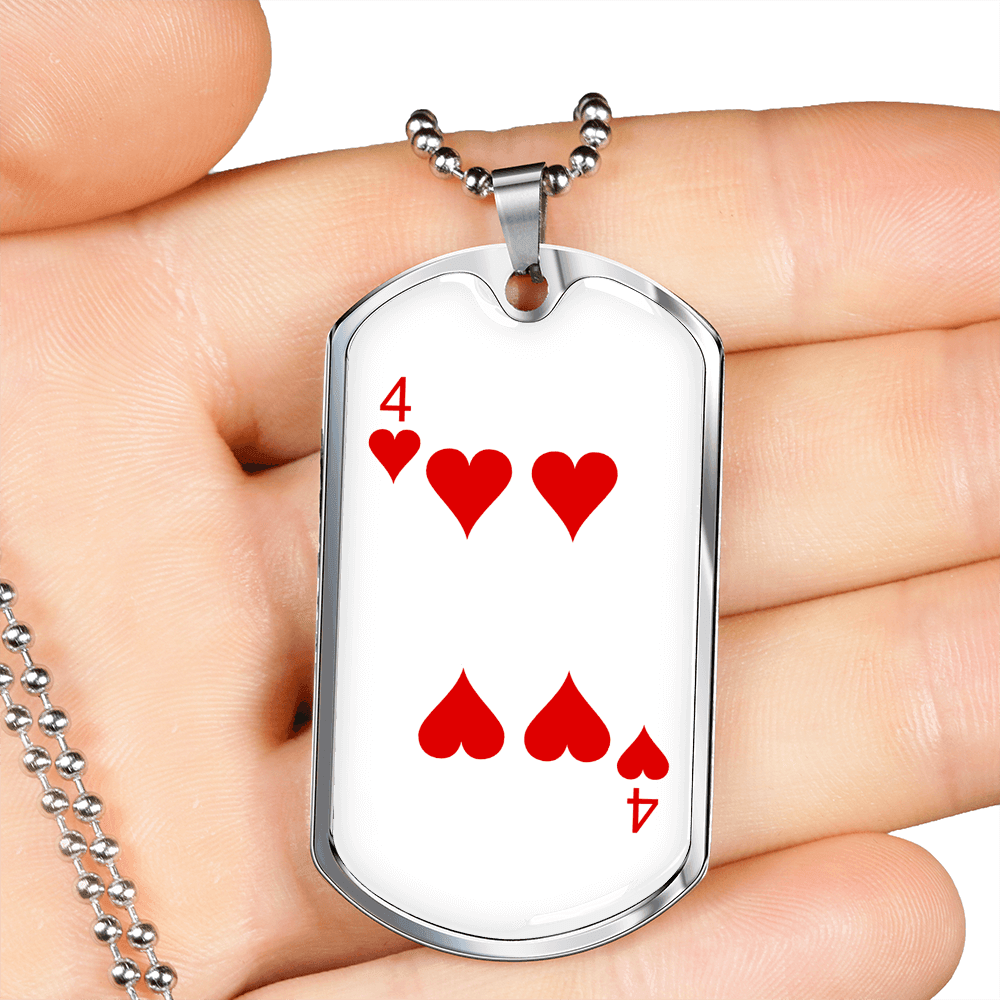 4 of Hearts Gambler Necklace Stainless Steel or 18k Gold Dog Tag 24" Chain-Express Your Love Gifts