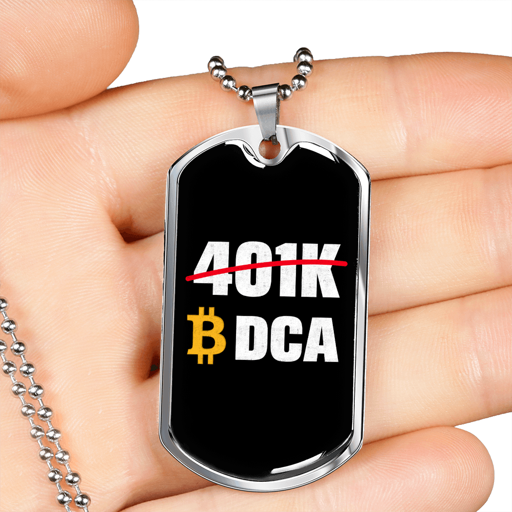 401k or DCA Crypto Necklace Stainless Steel or 18k Gold Dog Tag 24" Chain-Express Your Love Gifts